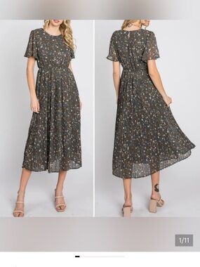 Baltic Born Belfast Pleated Olive Floral Midi Dress